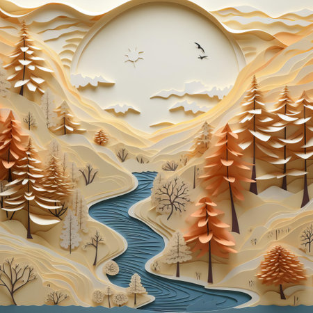 the serene maple valley landscape, crafted with a minimalist design on textured paper, evokes a sense of tranquility, featuring gentle hills, rustic trees, and a meandering stream, perfect for nature lovers and art enthusiasts alike, blending simplicity with elegance in a unique piece of modern art. ai generatedの素材