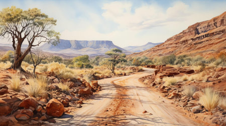the serene tableland stretches across the horizon, bisected by a winding road that disappears into the distance, evoking a sense of tranquility and solitude, as if captured in a delicate watercolor painting, with the soft hues of nature blending in perfect harmony. ai generatedの素材