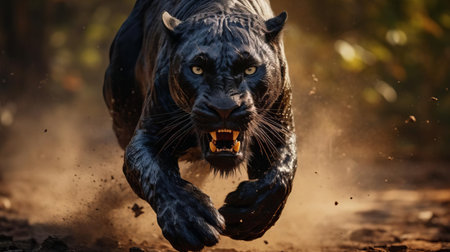 the panther, a majestic and agile predator, is captured in stunning detail as it runs effortlessly through its natural habitat, showcasing its powerful muscles and sleek coat, in this ultra-high-definition, 8k, hdr image taken with the canon eos r3, highlighting the camera's exceptional cinematic capabilities. ai generatedの素材