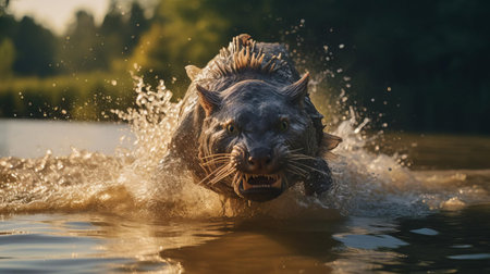 the catfish is running swiftly through the clear waters, its whisker-like barbels and armored plating glistening in the sunlight, captured in stunning ultra hd, hdr, 8k cinematic quality using the canon eos r3 camera, showcasing its ultra-sharp scales and vibrant colors in exquisite detail. ai generatedの素材