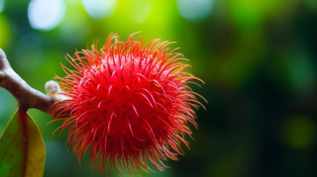the rambutan fruit, native to the tropical rainforests of southeast asia, is showcased in this stunning macro shot, highlighting its unique hairy exterior texture and vibrant color gradient, ranging from yellow to red, as it ripens on the tree, exemplifying the beauty of exotic fruits in their natural habitat. ai generatedの素材