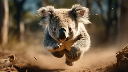 a koala is running swiftly through the australian outback, its soft fur and cute facial expression captured in stunning detail in this ultra hd, 8k, hdr image taken with a canon eos r3, showcasing the camera's ultra-sharp capabilities in wildlife photography. ai generatedの素材