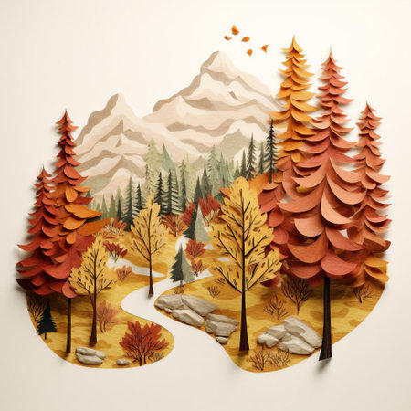 the serene maple valley landscape, crafted with a minimalist design on textured paper, evokes a sense of tranquility, featuring gentle hills, rustic trees, and a meandering stream, perfect for nature lovers and art enthusiasts seeking a soothing atmosphere, reminiscent of a peaceful autumn morning. ai generatedの素材