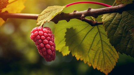 the mulberry, a luscious fruit with a vibrant purple color gradient, is showcased in this stunning macro shot, highlighting its intricate texture and subtle sheen, set against the natural backdrop of its tree, perfect for fruit enthusiasts and nature photographers alike. ai generatedの素材