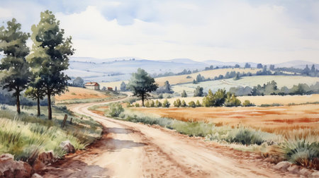the serene landscape, adorned with lush greenery and majestic mountains, stretches towards the horizon, bisected by a winding road that disappears into the distance, evoking a sense of tranquility and adventure, reminiscent of a watercolor painting, perfect for nature lovers and travel enthusiasts. ai generatedの素材