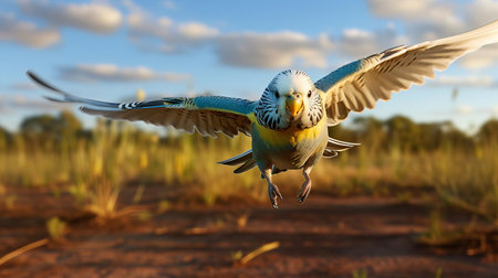 the budgerigar, with its vibrant plumage and swift movements, is captured in stunning detail as it runs freely, showcasing its agility and speed, in this breathtaking 8k ultra hd, hdr image, expertly shot with the canon eos r3, highlighting the bird's intricate features and textures with ultra-sharp clarity. ai generatedの素材