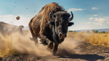 the majestic buffalo is showcased in this breathtakingly detailed, ultra-high-definition (hd) photograph, captured in stunning 8k resolution using a canon eos r3 camera, highlighting its powerful physique as it runs freely in its natural habitat, exuding a sense of wild freedom and untamed energy. ai generatedの素材