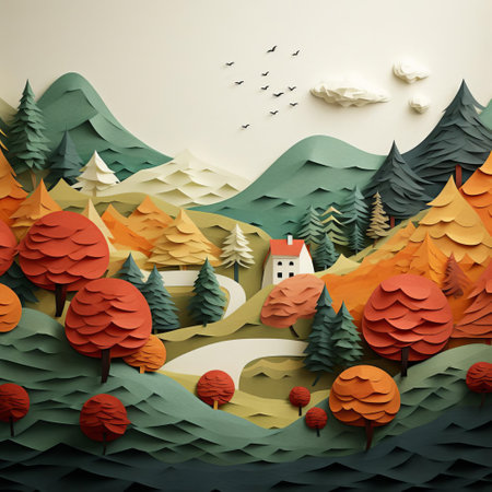 the serene maple valley landscape, crafted with a minimalist design on textured paper, evokes a sense of tranquility, featuring gentle hills, rustic trees, and a meandering stream, perfect for nature lovers and art enthusiasts seeking a soothing atmosphere, reminiscent of a peaceful autumn morning. ai generatedの素材