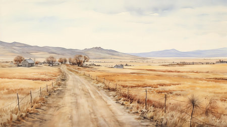the serene lowland landscape stretches out, divided by a winding road that disappears into the horizon, surrounded by lush greenery and vibrant wildflowers, evoking a sense of peacefulness and tranquility, reminiscent of a delicate watercolor painting, capturing the essence of a serene rural scenery. ai generatedの素材