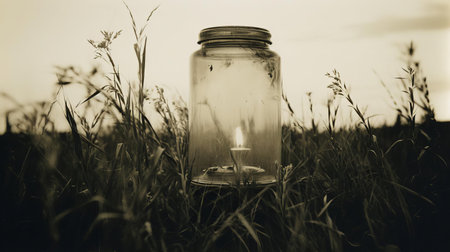 an old candle sits serenely in a lush, grassy field, captured in a distorted, blurry, and grainy vintage kodak expired instant film photo, evoking a nostalgic and dreamy atmosphere, reminiscent of bygone eras, with its soft, monochromatic black-and-white tones and organic, film-grain texture. ai generatedの素材