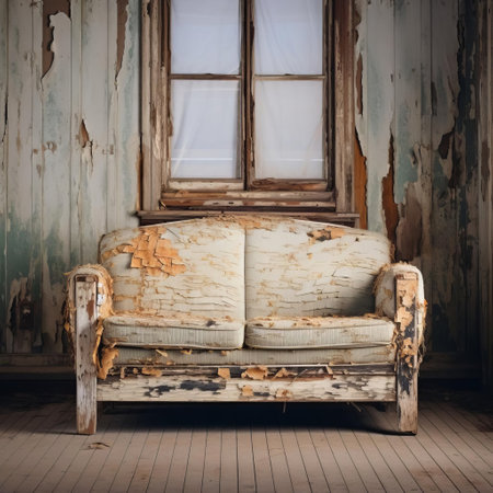 this vintage loveseat, showcasing the natural grain, cracks, and peeling paint, captures the rustic charm of a bygone era, evoking feelings of nostalgia and warmth, perfect for adding a touch of distressed elegance to any living room or home decor with its unique, one-of-a-kind character. ai generatedの素材