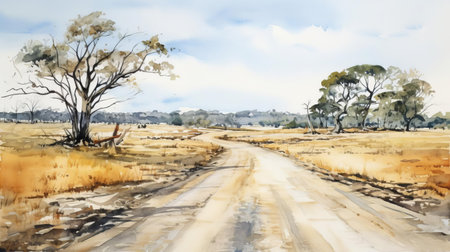 the serene landscape unfolds with a winding road stretching through the heart of the image, surrounded by lush greenery and majestic trees, evoking a sense of tranquility and peacefulness, reminiscent of a watercolor painting, perfect for nature lovers and art enthusiasts alike. ai generatedの素材