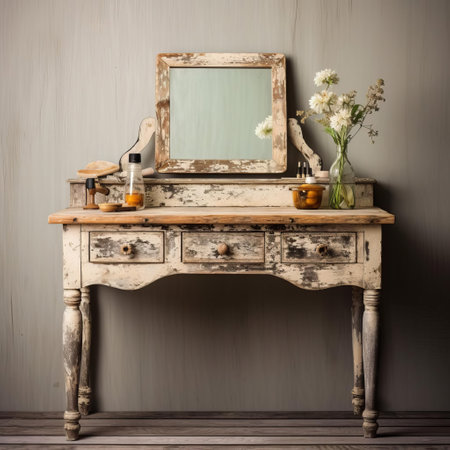 this vintage vanity table showcases the natural grain, cracks, and peeling paint, capturing the rustic charm of a bygone era, evoking feelings of nostalgia and warmth, perfect for adding a touch of antique elegance to any room's decor, blending rustic charm with modern sophistication. ai generatedの素材