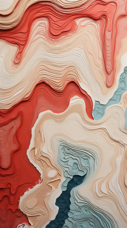 the ocean's undulating beige and red ridges, reminiscent of a futuristic seascape, evoke a sense of biomorphic abstraction, as if marbleized waves are rippling beneath the surface, evoking the aerial views of jack butler yeats and the earthy palette of scarlett hooft graafland's detailed imagery. ai generatedの素材