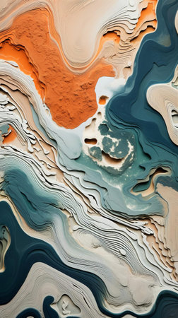 the ocean's undulating waves are captured in a mesmerizing fusion of khaki and ivory ridges, reminiscent of biomorphic abstraction, evoking the marbleized style of scarlett hooft graafland, with an aerial view that echoes the dreamlike quality of jack butler yeats, in a rich, earthy palette that invites the viewer to dive into its detailed, rippling pattern. ai generatedの素材