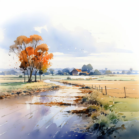 thomas schaller's serene watercolor drawing captures the essence of rolling fields, where gentle hills and meandering paths converge, evoking a sense of tranquility and connection to nature, showcasing the artist's mastery of subtle color palettes and expressive brushstrokes in landscape art. ai generatedの素材