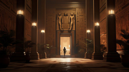 ancient egypt's mysterious ambiance is captured in this haunting image, where a young figure lurks in the shadows at the end of a dimly lit hall, evoking a sense of foreboding and intrigue, reminiscent of ancient egyptian mythology and folklore, with hints of mystery and suspense. ai generatedの素材