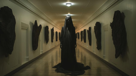 the philippines' dark corridor scene features a public figure lurking in the shadows at the end of the hall, exuding an ominous atmosphere, evoking feelings of mystery and intrigue, with the figure's public form adding an air of familiarity to the eerie setting. ai generatedの素材