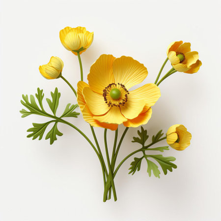 the buttercup, a delicate 3d wild flower, stands alone on a pristine white background, its bright yellow petals and lush green leafs showcasing its natural beauty, evoking feelings of serenity and tranquility, perfect for nature lovers and photography enthusiasts alike. ai generatedの素材