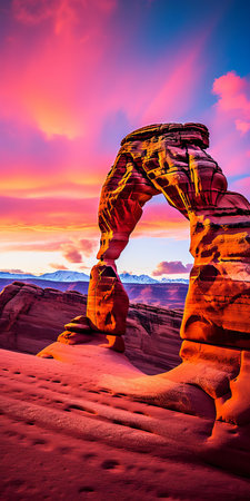 delicate arch state park shines in this vibrant pastel cartoon image, capturing the breathtaking beauty of utah's iconic natural wonder during the golden hour, as a warm pink hue illuminates the sky, highlighting the majestic arch's unique sandstone formation and surrounding landscape. ai generatedの素材