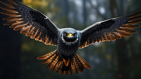 the bat falcon, a majestic bird of prey, is majestically perched on a branch, its sleek plumage glistening in the sunlight, showcasing its striking grey and white feathers, sharp talons, and piercing gaze, highlighting its agility and stealth as a formidable hunter in the tropical rainforests of central and south america. ai generatedの素材