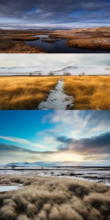 the savanna landscape in iceland, captured along the oslofjord road, evokes the majestic grandeur of the kangchenjunga and shishapangma snowy fields, reminiscent of a winter wonderland on christmas, with a touch of minimalist typography and the budapest hotel-esque charm, complete with wooden rocking chairs and symmetrical gothic architecture. ai generatedの素材