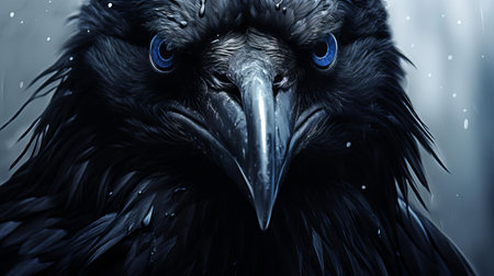 the raven, with its mysterious gaze, is majestically perched on a misty branch, showcasing its sleek black plumage and subtle sheen, highlighting the intricate details of its feathers, while its intelligent eyes seem to hold secrets of the mystical forest, evoking a sense of wonder and enchantment in this captivating wildlife photography. ai generatedの素材