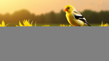 the american goldfinch perches confidently on a rustic fence post, basking in the warm sunlight, against a vibrant backdrop of a lush cornfield at a picturesque farm, exuding joy and contentment, captured in a stunning warm-toned photograph, showcasing the beauty of rural landscapes and wildlife. ai generatedの素材