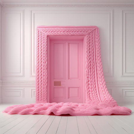this vibrant still life photography features a bright pink knitted door, isolated in a clean and minimalist empty white space, showcasing a unique blend of textile art, home decor inspiration, and modern interior design elements, perfect for fans of colorful and quirky decorative accents. ai generatedの素材