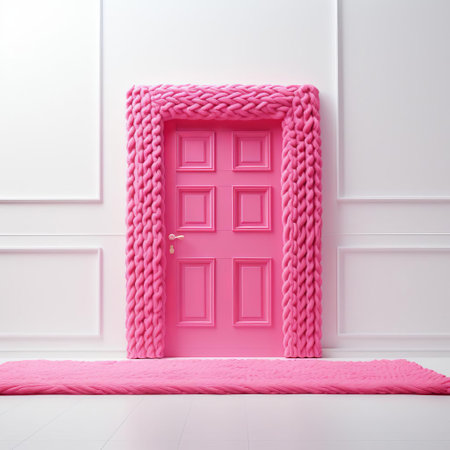 the vibrant pink knitted door stands out against a pristine white background in this captivating still life photo, showcasing a unique blend of textile art and minimalist decor, perfect for fans of pastel hues, cozy home decor, and creative interior design inspiration. ai generatedの素材