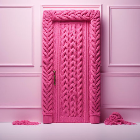 the vibrant pink knitted door stands out against the stark white background, creating a striking still life composition that showcases the beauty of contrasting colors and textures, evoking a sense of modern minimalism and scandinavian design inspiration. ai generatedの素材