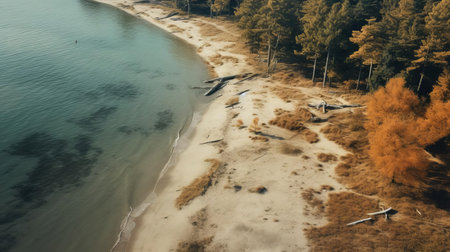 the temperate woodland scene unfolds onto a serene sandy beach, bathed in warm, golden light, evoking a sense of tranquility, reminiscent of the works of renowned drone photographers, capturing the essence of a perfect summer day in a hyper-realistic, breathtakingly detailed photograph. ai generatedの素材