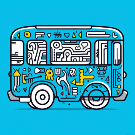 the bus, depicted in a vibrant keith haring-inspired line drawing, stands out against a calming blue background, showcasing a unique blend of minimalist colors and bold lines, evoking a sense of urban energy and playful simplicity, reminiscent of 1980s street art. ai generatedの素材