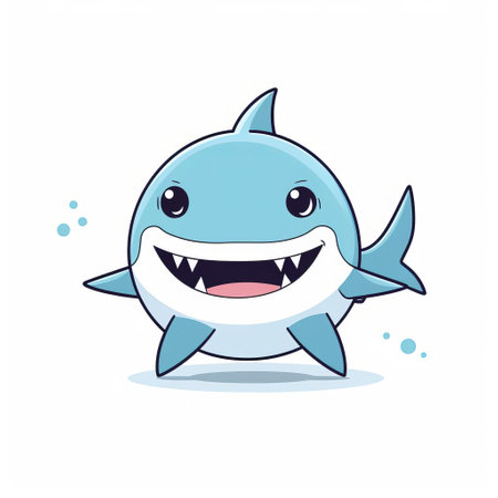 this whimsical shark illustration, reminiscent of jon burgerman and skottie young's styles, showcases a minimalist flat vector design with a dash of op art flair, featuring a full-body shark on a clean white isolated background, perfect for modern designs requiring a touch of playful cuteness. ai generatedの素材
