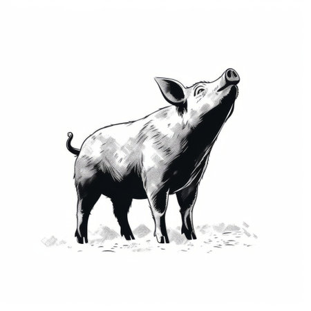 a pig, turned sideways, looks up with an endearing expression, asking for food, set against a clean white background, showcasing a beautiful contrast with its black outline, in a stunning example of minimalistic vector art, perfect for modern designs and digital illustrations. ai generatedの素材