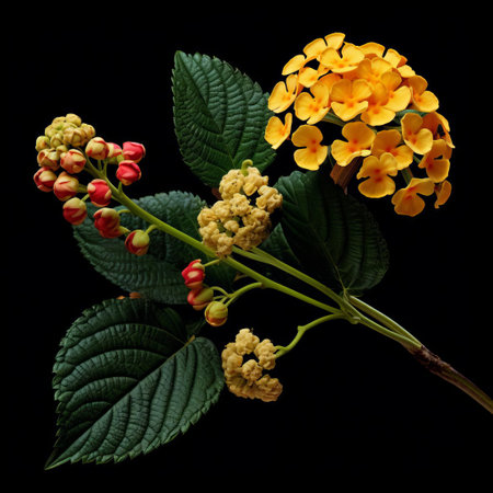 the lantana flower stands majestically against a dramatic black background, its delicate petals and intricate details showcased in stunning photorealistic clarity, evoking the organic architecture and whimsical style of cicely mary barker, while hints of martin puryear's minimalist elegance and the vibrant spirit of native brazilian motifs are woven throughout, all set against a backdrop of high contrast shots that accentuate the plant's graceful curves.の素材