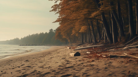 the temperate woodland scene unfolds on a sandy beach, bathed in warm, golden light, evoking a sense of serenity, with hyper-realistic details reminiscent of renowned drone photographers, capturing the essence of a tranquil coastal atmosphere, perfect for nature lovers and photography enthusiasts alike. ai generatedの素材
