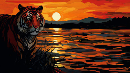 the sunset, a vibrant and hauntingly beautiful scene, echoes the expressive brushstrokes of edvard munch, as warm orange and pink hues dance across the sky, evoking a sense of melancholy and introspection, with tiger-like stripes of clouds adding a sense of dynamic energy to this high-resolution masterpiece, version 5.1. ai generatedの素材