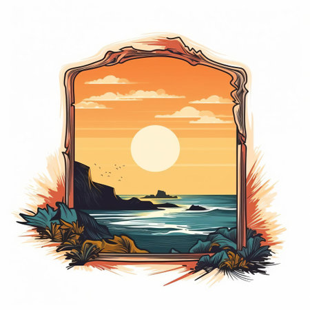 the headland stands majestically against a warm, vintage sunset, its rugged landscape beautifully contrasted with the clean, white background, evoking a sense of serenity and nostalgia, perfect for decorative designs, wall art, and digital graphics, featuring a stunning blend of natural beauty and retro aesthetic. ai generatedの素材
