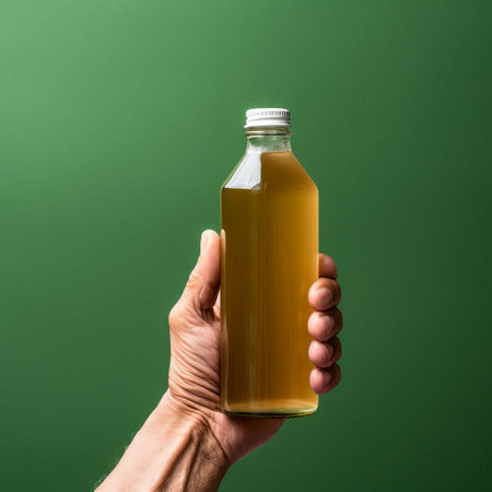 an elderly hand carefully grasps a glass bottle of kombucha, adorned with a blank white label, set against a simple yet vibrant green background, showcasing a high-detailed, ready-made mockup perfect for branding and packaging design projects, health food marketing, and beverage product photography. ai generatedの素材