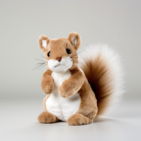 this adorable plush squirrel stuffed animal, with its soft and cuddly texture, is showcased in a stunning close-up photograph against a pristine white background, highlighting its intricate details and playful nature, making it an irresistible and heartwarming image perfect for toy collectors, animal lovers, and enthusiasts of cute and cuddly gifts. ai generatedの素材