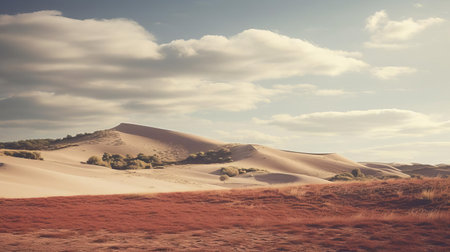 the sand dunes, majestic and serene, stretch across the danish landscape in this breathtaking photograph, showcasing the rolling hills of denmark's picturesque countryside, expertly captured by a professional photographer who masterfully utilized the perfect lighting to highlight the natural beauty of this scandinavian wonderland. ai generatedの素材