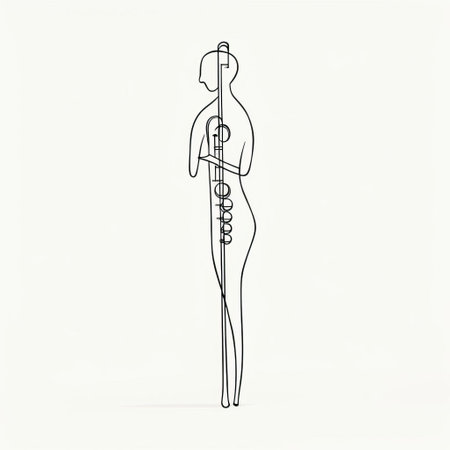 the contrabassoon, a large, double-reed woodwind instrument, is elegantly depicted in a stunning one-line drawing, showcasing its intricate details in a single, continuous line, set against a clean white background, exemplifying minimalistic simplicity and emphasizing the beauty of its sleek, curved design. ai generatedの素材