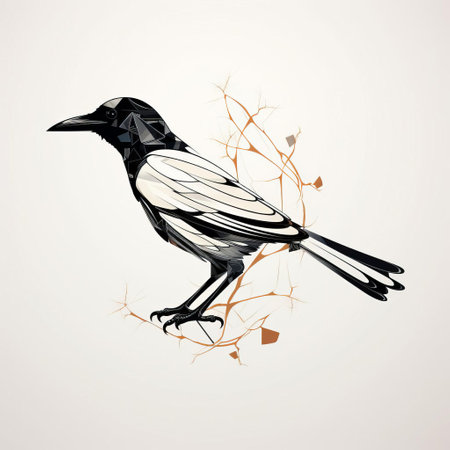 the magpie, a striking bird known for its intelligence and bold plumage, is beautifully captured in this minimalist, contemporary illustration, featuring bold black contour lines on a crisp white background, showcasing the bird's sleek silhouette in a stunning 2d, flat line art design, perfect for modern art enthusiasts and nature lovers alike. ai generatedの素材
