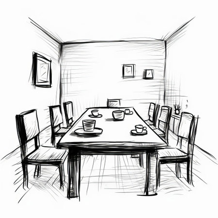 dining room sketch, crudely illustrated with thick black lines and simple shapes, evoking a primitive, minimalist aesthetic, reminiscent of a child's drawing, created with a black marker or sharpie, showcasing a rough, simplistic, and charmingly imperfect artistic style. ai generatedの素材
