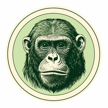 the bonobo, a rare and endangered primate species, is beautifully depicted in this isolated old print stamp on a white background, showcasing a stunning green ink line engraving with intricate vintage details, perfect for collectors and enthusiasts of wildlife and antique art. ai generatedの素材