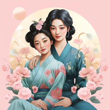 "mothers, surrounded by lush greenery, are beautifully illustrated on a soft pink background, blending light aquamarine and gold hues, evoking a sense of classic japanese simplicity and thai art influences, with nature-inspired compositions and historical illustration elements, showcased in a stunning hand-drawn piece with contrasting values.", ai generatedの素材
