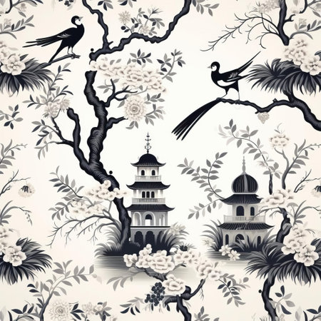the elegant chinoiserie design, set against a crisp white background, showcases a stunning black and white palette, blending traditional asian-inspired motifs with modern simplicity, perfect for incorporating a touch of sophisticated elegance into any design project, from wallpapers to textiles and beyond. ai generatedの素材