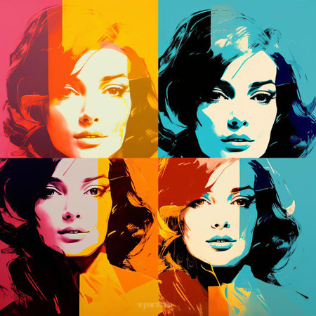 the vibrant female face, reminiscent of andy warhol's iconic silkscreen prints, is showcased in a stunning quadruple portrait, bursting with colorful hues and bold graphic patterns, evoking the spirit of 1960s pop art and its fascination with celebrity culture and beauty. ai generatedの素材