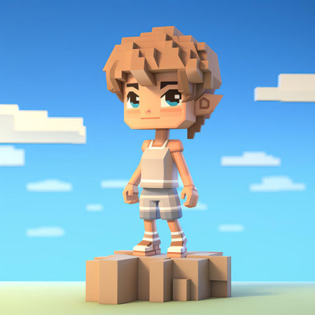 the savannah, a vibrant 3d 8-bit pixel cartoon character, stands out against a crisp white background, showcasing her short hair and full body in a playful, retro-inspired design, perfect for gamers, animators, and fans of nostalgic pixel art. ai generatedの素材